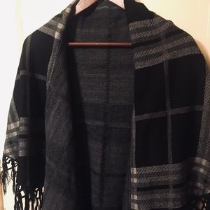 Black & Grey Plaid Shawl with Fringe